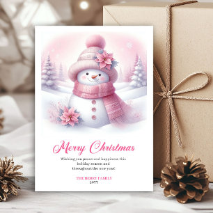 Minimalistischer rosa Schneemann-Kinder-Weihnachte Feiertagskarte