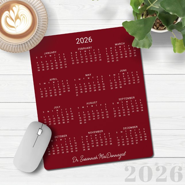 Minimalistischer Roter Kalender für Burgund 2026 Mousepad (2026 Minimalist Burgundy Red Calendar Mouse Pad)
