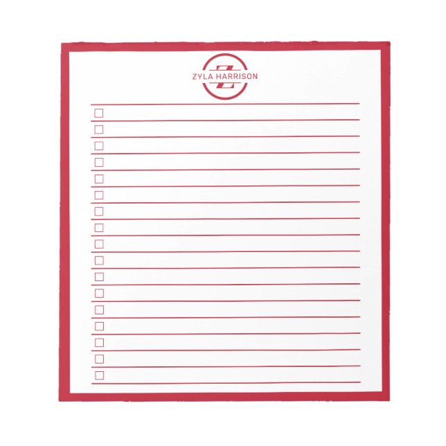 Minimalistischer roter Name für Monogramm zur List Notizblock (Vorderseite)