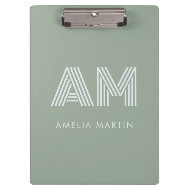 Minimalistischer Salbei-Matcha-Grün-Monogramm Klemmbrett (Vorderseite)