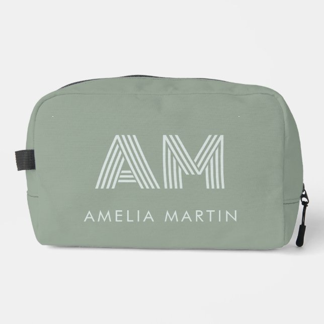 Minimalistischer Salbei-Matcha-Grün-Monogramm Waschbeutel (Vorderseite)