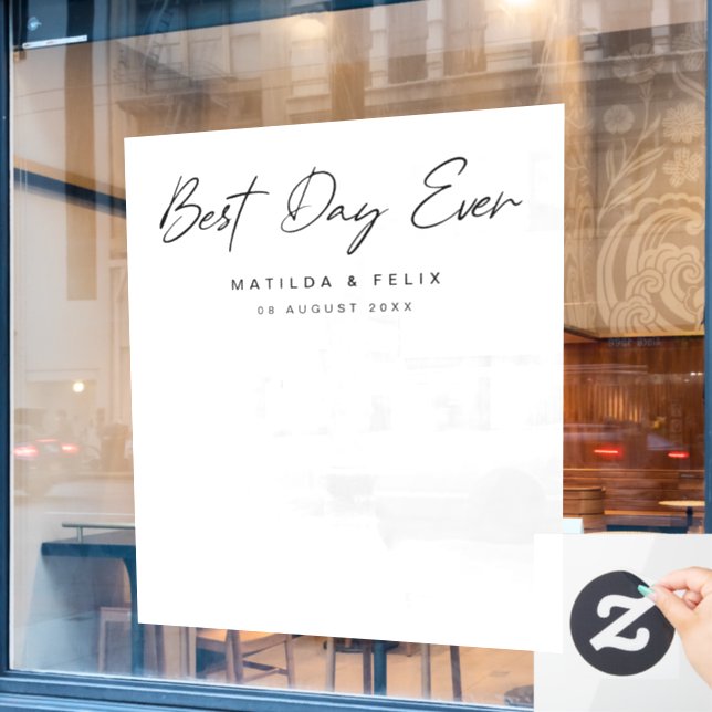 Minimalistischer sauberer einfacher Hochzeitstag F Fensteraufkleber (Café-Fenster)