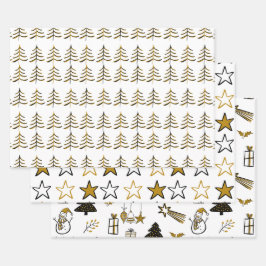 Minimalistischer Schwarz-Gold-Weihnachtsbaum und - Geschenkpapier Set