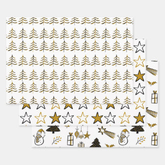 Minimalistischer Schwarz-Gold-Weihnachtsbaum und - Geschenkpapier Set