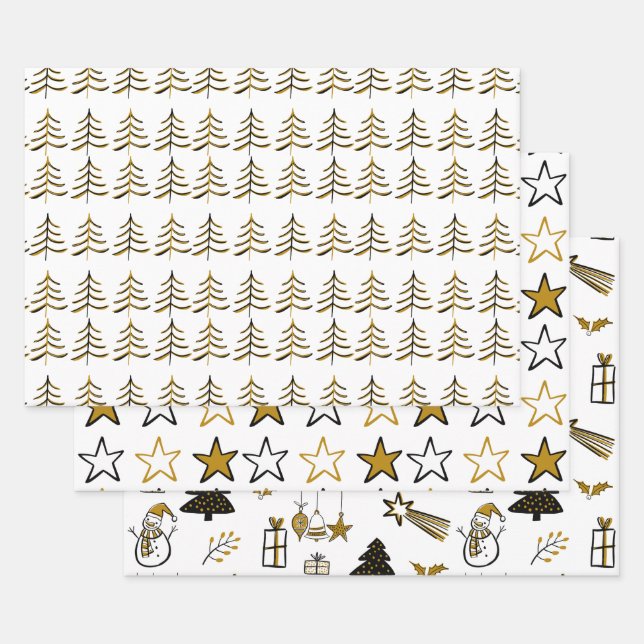 Minimalistischer Schwarz-Gold-Weihnachtsbaum und - Geschenkpapier Set (Set)