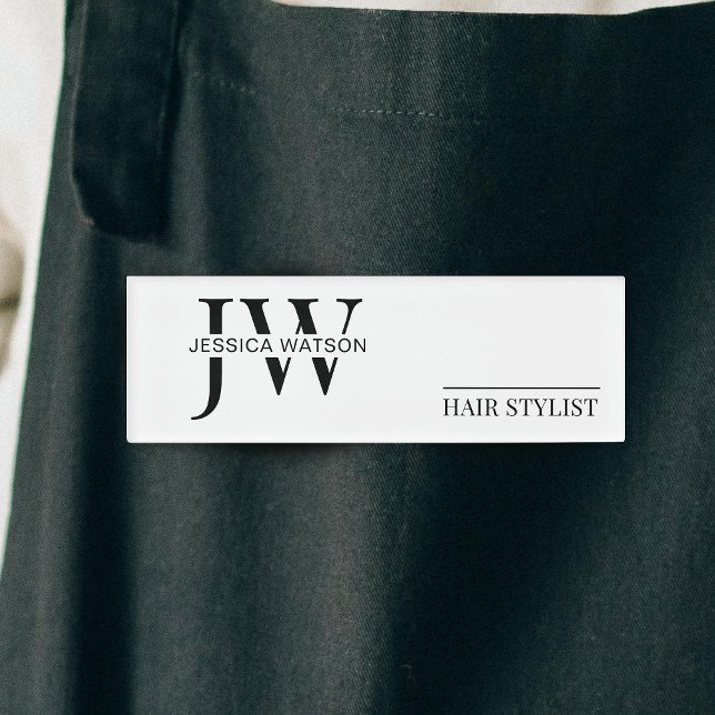 Minimalistischer Schwarz-Weiß-Friseur Schönheitssa Namenschild (Simple name tags in black and white with fully customizable text and colors)