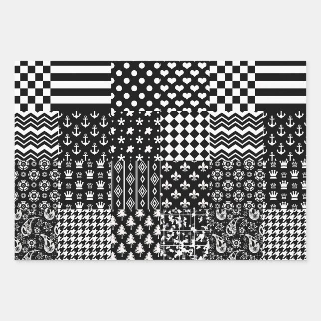 Minimalistischer Schwarz-weißer Mixed-Muster-Stil Geschenkpapier Set (Vorderseite)