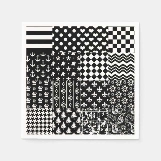 Minimalistischer Schwarz-weißer Mixed-Muster-Stil Serviette (Vorderseite)