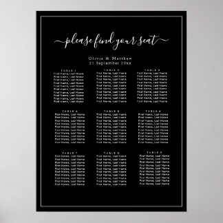 Minimalistischer schwarzer Hochzeitssitzplan Poste Poster
