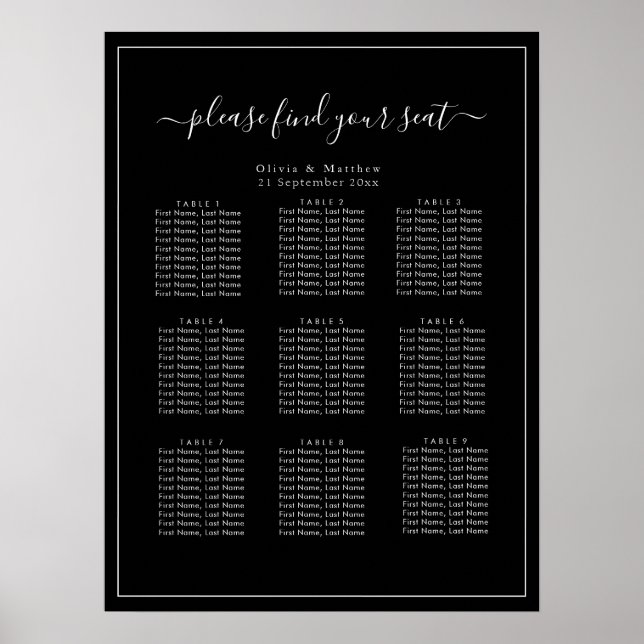 Minimalistischer schwarzer Hochzeitssitzplan Poste Poster (Vorne)