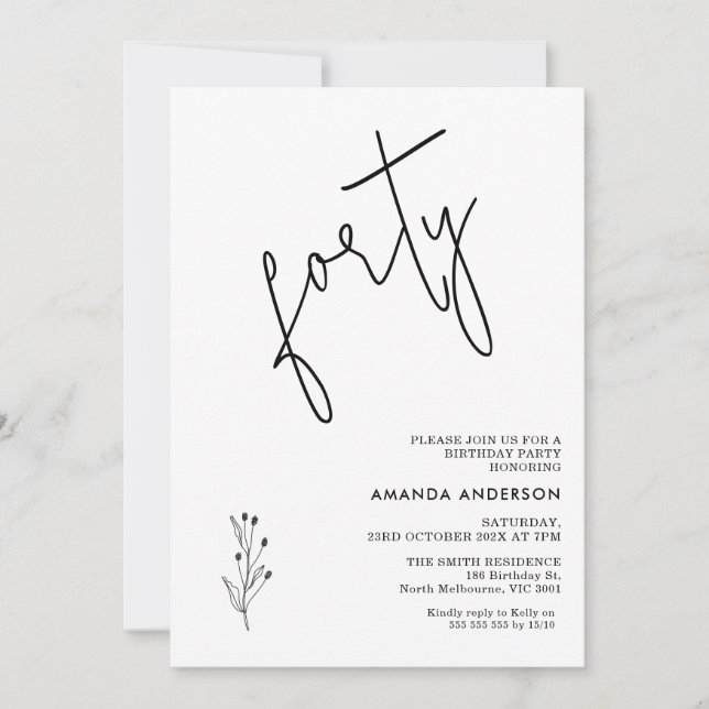 Minimalistischer schwarzer Kalligraphietext 40. Ge Einladung (Vorderseite)