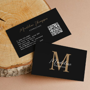 Minimalistischer Script Black Gold Monogram QR Cod Visitenkarte