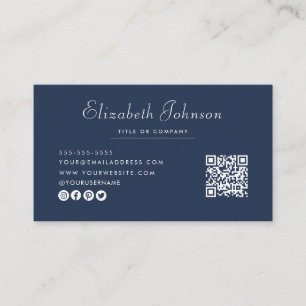 Minimalistischer Script Navy Blue QR Code Beruflic Visitenkarte