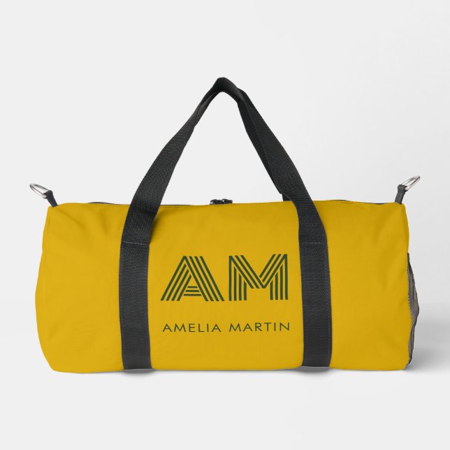 Minimalistischer Senf & Waldgrün Custom Monogramm Duffle Bag (Vorderseite)