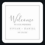 Minimalistischer Silberhochzeitaufkleber Quadratischer Aufkleber<br><div class="desc">Diese minimalistisch silbernen Begrüßungsaufkleber sind perfekt für eine einfache Hochzeit. Das moderne romantische Design besticht durch klassische silbergraue und weiße Typografie gepaart mit einer rustikalen und eleganten Kalligraphie mit Vintagem handgeschriebenem Stil. Anpassbar in jeder Farbe. Behalt das Design einfach und elegant, wie es ist, oder personalisiere es durch Hinzufügen von...</div>