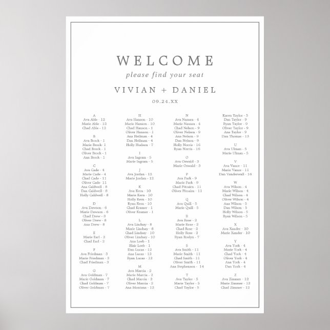 Minimalistischer silberner Tipografie-Sitzplan Poster (Vorne)