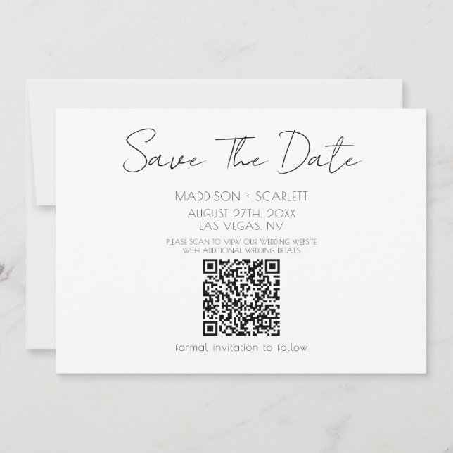 Minimalistischer Skript-QR-Code Save The Date  Einladung (Vorderseite)