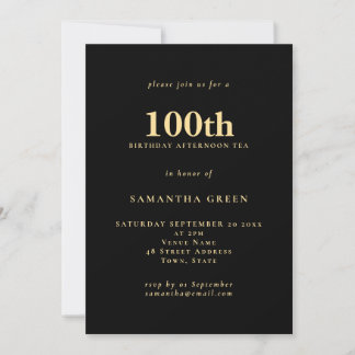 Minimalistischer Text Gold Black 100. Geburtstag Einladung