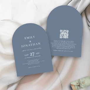 Minimalistischer Text QR Code Dusty Blue Arch Wedd Einladung
