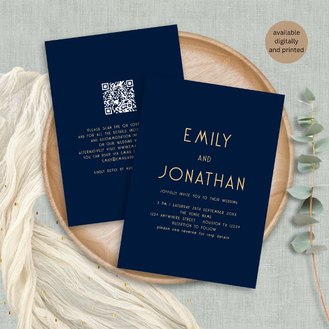 Minimalistischer Text QR Code Gold Navy Hochzeit Einladung (Front and back view)