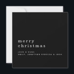 Minimalistischer Textname Frohe Weihnachtsschwarz Karte<br><div class="desc">Minimalistischer Textname Frohe Weihnachtswein auf Schwarz. Elegante Eleganz,  minimaler Stil,  mit Ihrem Gruß größer in stilvollen Kleinbuchstaben mit Ihren Namen unten mit viel schlichten Bereich. Personalisieren Sie den Text einfach auf Ihre eigenen Daten. Vollständig anpassbar.</div>