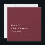 Minimalistischer Textname Merry Christmas Burgundy Karte<br><div class="desc">Minimalistischer Text Name Frohe Weihnachten Weiß auf Burgund. Elegante Eleganz,  mit einem großen,  stilvollen Kleinbuchstaben,  darunter mit vielen schlichten Bereichen. Personalisieren Sie den Text einfach auf Ihre eigenen Daten. Vollständig anpassbar.</div>