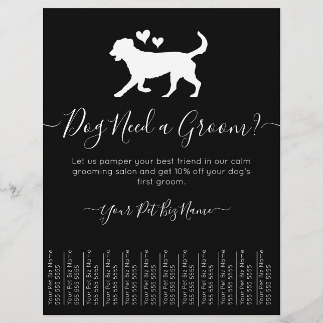 Minimalistischer Trendy Black and White Dog Groomi Flyer (Vorne)