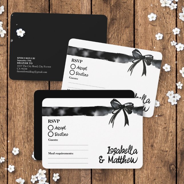 Minimalistischer Trendy Wedding RSVP Karte ( Black and White Bow Minimalist Trendy Wedding RSVP cards with food allergy tick boxes watercolour)