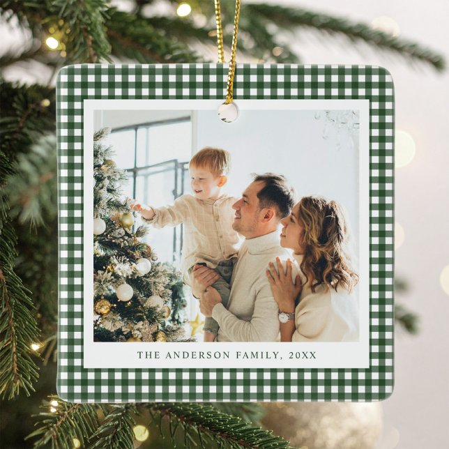 Minimalistischer Waldgrüner Gingham-Foto Keramikornament (Von Creator hochgeladen)