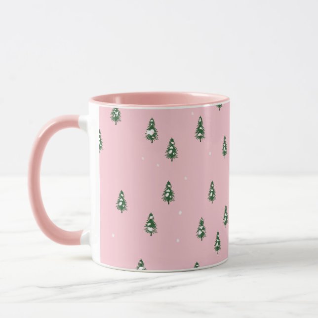 Minimalistischer Weihnachtsbaumwinterwald auf Rosa Tasse (Links)