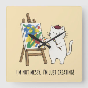 Minimalistischer weißer Katzen-Kreativ-Gelber-Home Quadratische Wanduhr