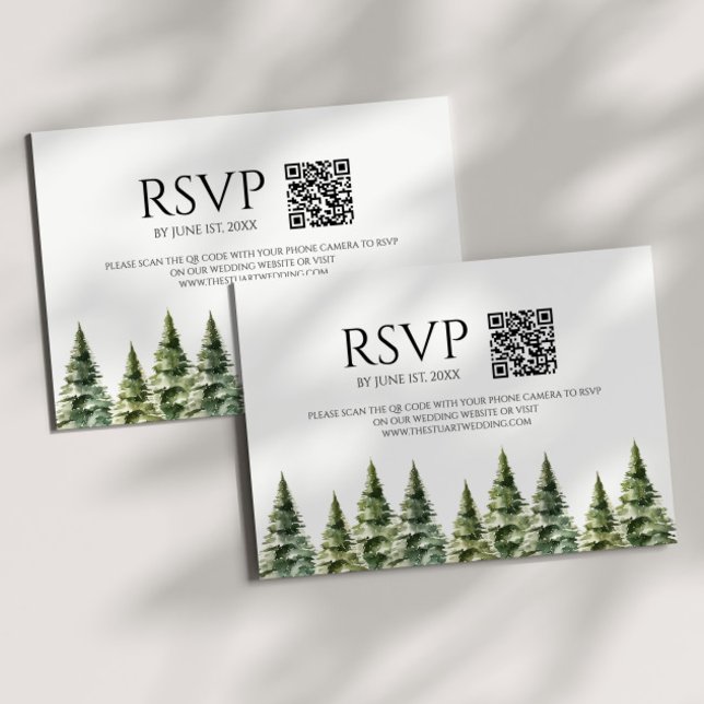 Minimalistischer Winter Snowy Pine Trees QR Code H RSVP Karte (Von Creator hochgeladen)