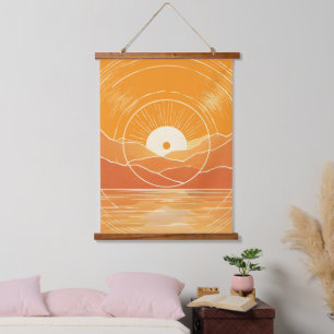 Minimalistischer Zen-Berg-Ozean-Retro-Sonnenunterg Wandteppich Mit Holzrahmen