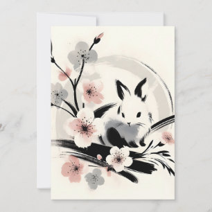 Minimalistischer Zen-Tinten-Hase Kirschblüten Feiertagskarte