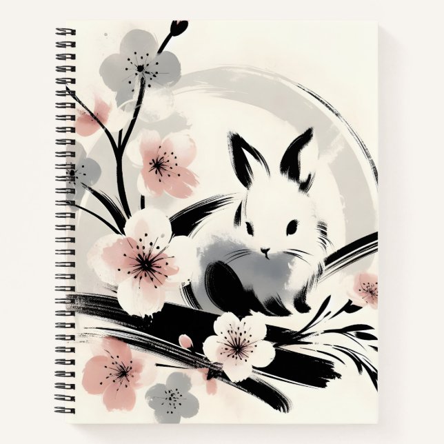Minimalistischer Zen-Tinten-Hase Kirschblüten Notizbuch (Vorderseite)