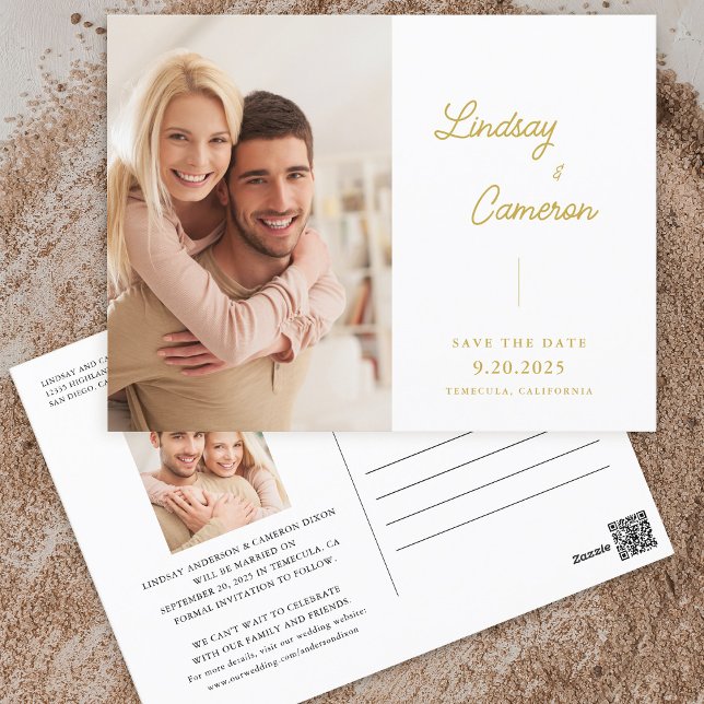 Minimalistisches 2-Foto-Gold-Script Save the Date Postkarte (Von Creator hochgeladen)