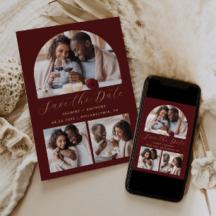Minimalistisches 3-Foto-Arch Collage Burgundy Gold Save The Date