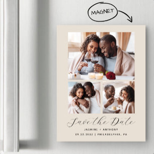 Minimalistisches 3-Foto-Collage-Beige Save-the-Dat Magneteinladung