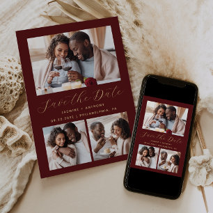 Minimalistisches 3-Foto Collage Burgundy Gold Save The Date