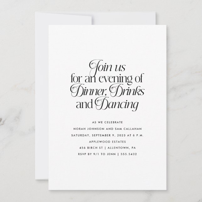 Minimalistisches Abendessen, Getränke und Tanz Einladung (Vorderseite)