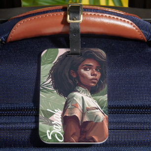 Minimalistisches Afro Black Girl mit tropischen Bl Gepäckanhänger