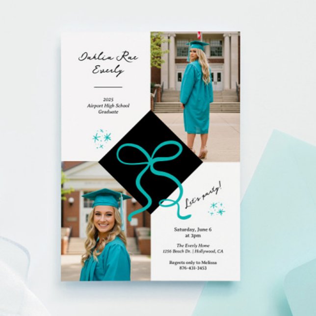 Minimalistisches Aquamarines Blue Cap and Bow Absc Einladung (Minimalist Teal Blue Cap and Bow Graduation Invitation)