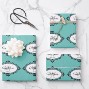 Minimalistisches Aquamarines Vintages Damaselmonog Geschenkpapier Set