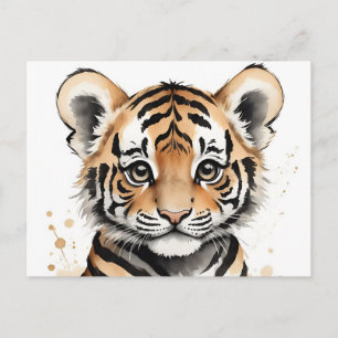 Minimalistisches Baby Tiger Gesicht in Tinte und W Postkarte