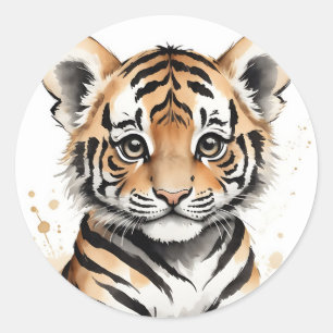 Minimalistisches Baby Tiger Gesicht in Tinte und W Runder Aufkleber
