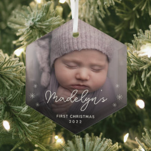 Minimalistisches Baby's First Christmas Foto Ornament Aus Glas