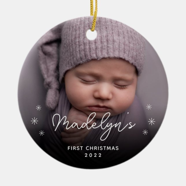 Minimalistisches Baby's First Christmas Foto Ornament Aus Glas (Vorne)