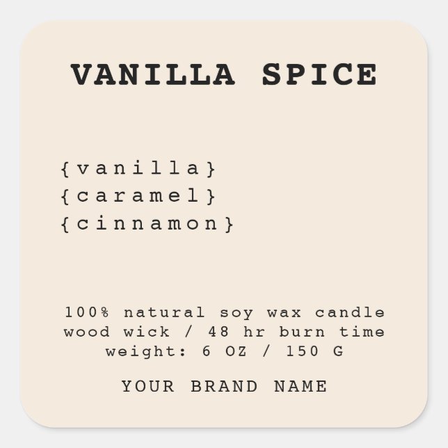 Minimalistisches Beige-Kerzenetikett Quadratischer Aufkleber (Vorderseite)
