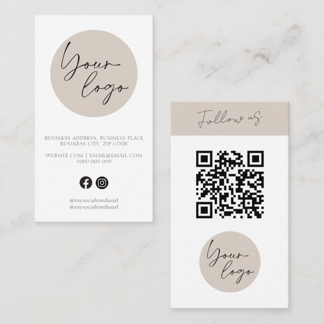 Minimalistisches Beige-QR-Code-Logo Visitenkarte (Vorne/Hinten)