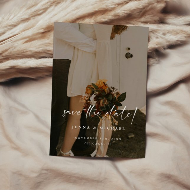 Minimalistisches Beige Script QR Code Foto Hochzei Save The Date (Von Creator hochgeladen)